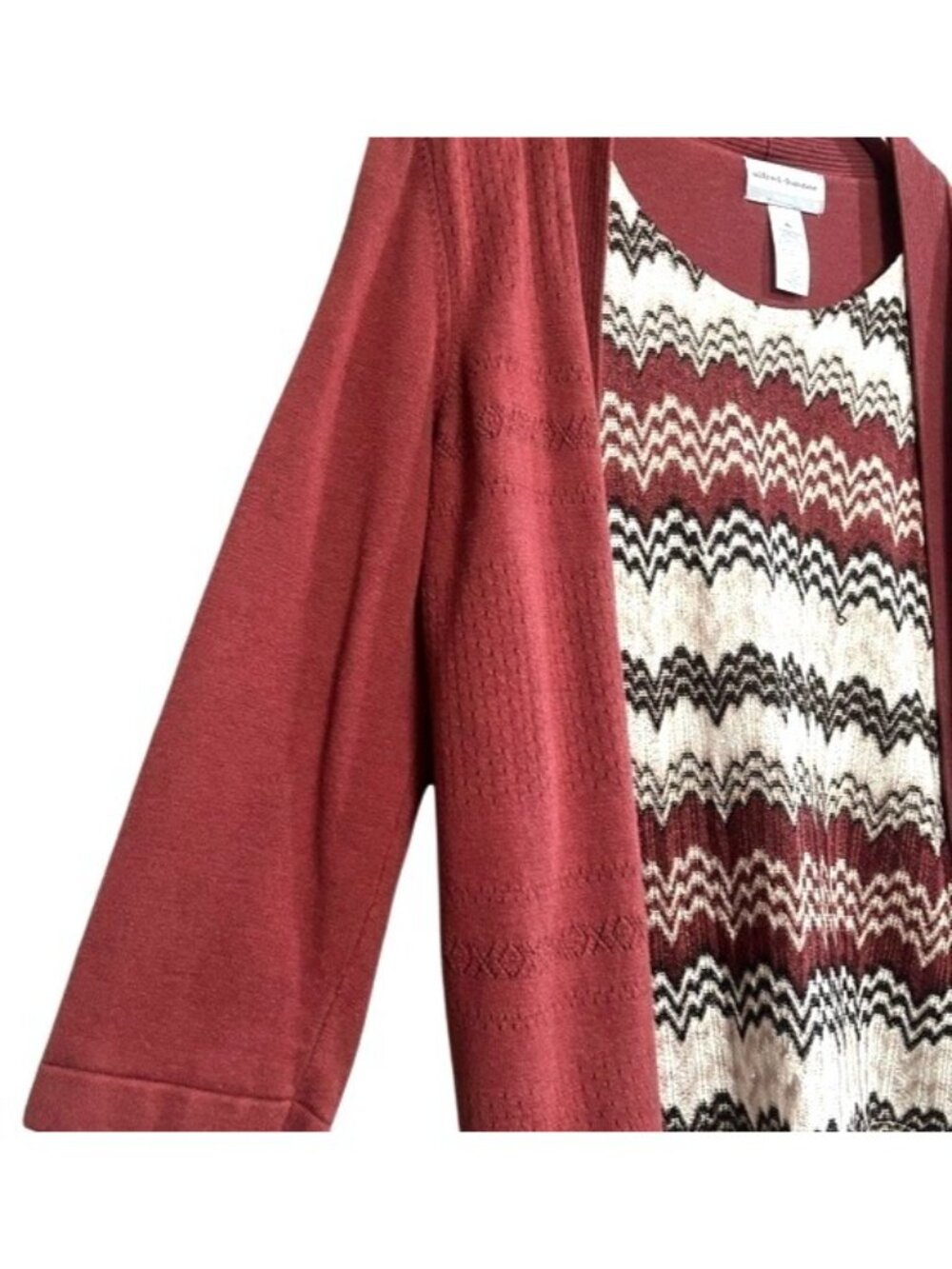 Alfred Dunner Knitwear Cardigan Rust Open Front Chevron Gold Tan Patterned Tank - Picture 14 of 16